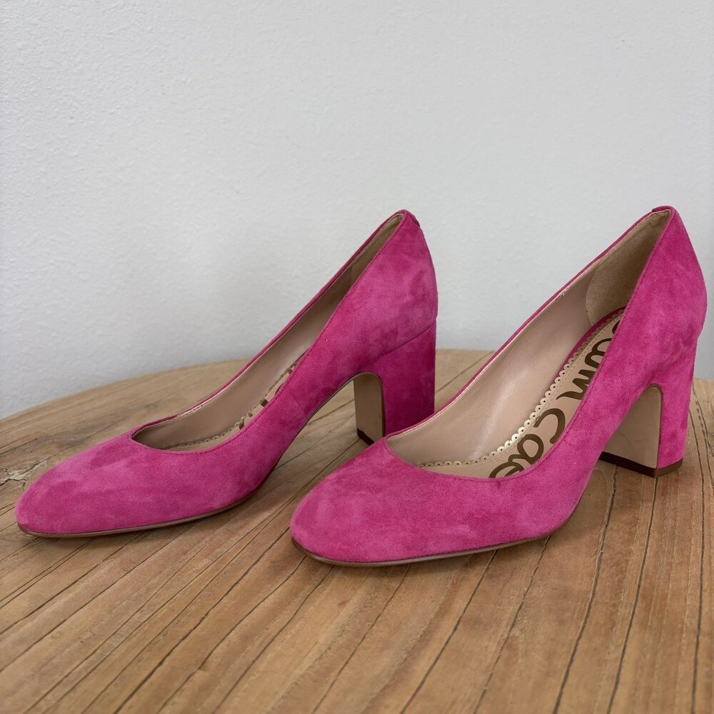 Sam Edelman Women Junie Hot Pink Block Heel Pumps Size 7.5 Suede Leather Barbie - Picture 2 of 15